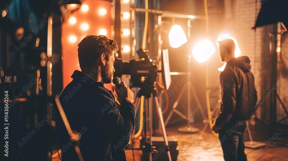 Fototapeta premium Journalist holding microphone conducting interview with celebrity in modern studio setting, capturing dynamic interaction and professional atmosphere.