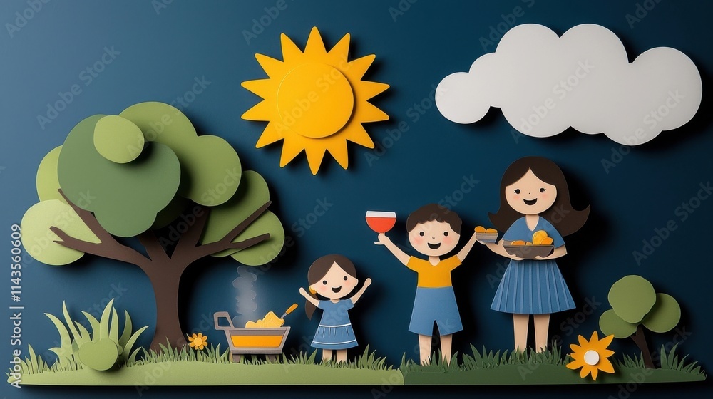 Naklejka premium Happy family enjoying time together during a picnic and outdoor activities in an idyllic garden setting with a tree clouds and sun The children a boy and a girl