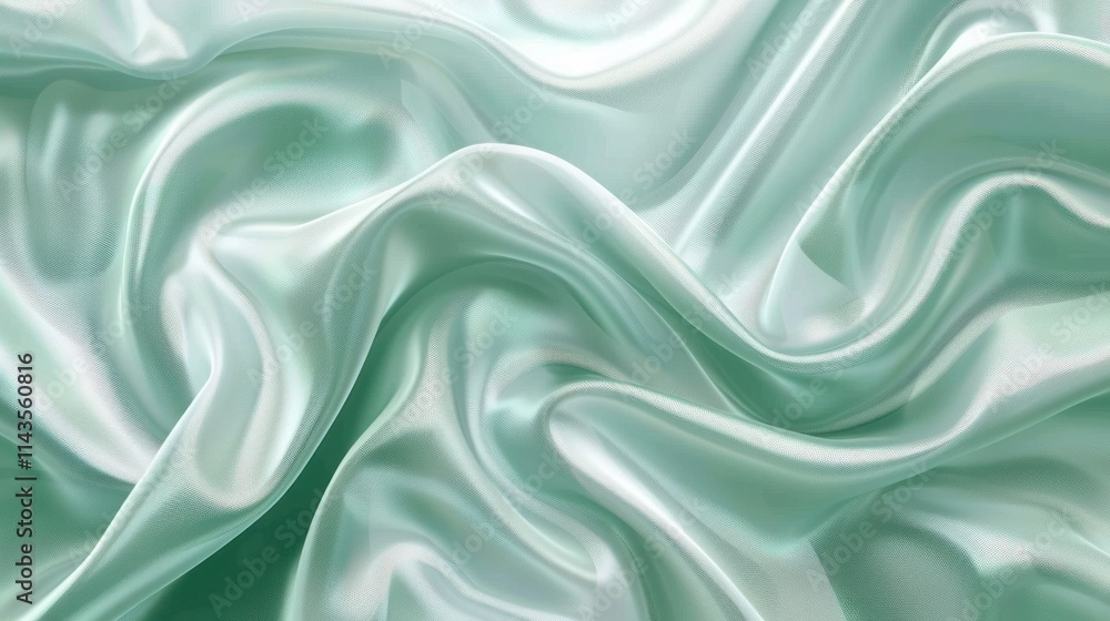 Obraz premium Captivating image showcasing the fluid mesmerizing movement and shimmering texture of luxurious satin fabric in a serene tranquil palette of soft muted green hues