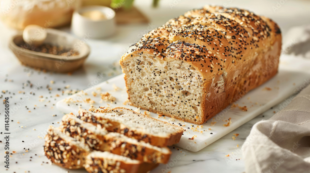 Gluten-free artisan bread, hearty texture with seeds, sliced on marble countertop, earthy tones, cozy bakery ambiance, morning light Gluten-free artisan bread, hearty texture with seeds, sliced on marble countertop, earthy tones, cozy bakery ambiance, morning light