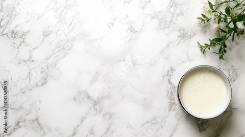 Dairy products on white marble background. Copy Space 