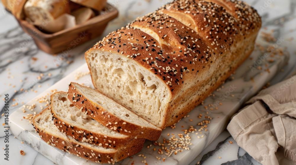 Gluten-free artisan bread, hearty texture with seeds, sliced on marble countertop, earthy tones, cozy bakery ambiance, morning light Gluten-free artisan bread, hearty texture with seeds, sliced on marble countertop, earthy tones, cozy bakery ambiance, morning light