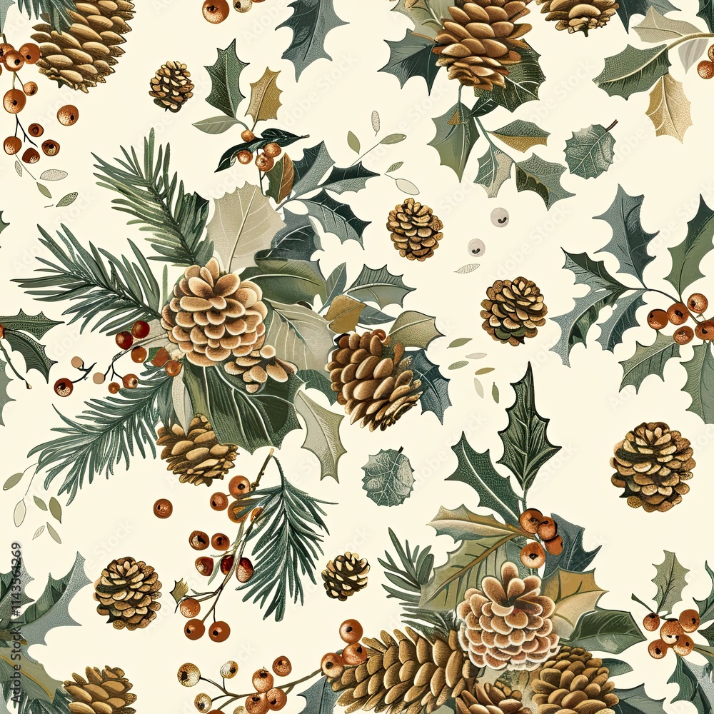 Fototapeta premium Earthy-toned pine cones, holly leaves, and berries , seamless festive pattern on a cream background. Christmas and New Year.