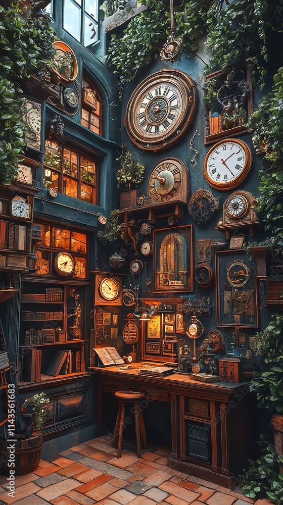 A cozy room filled with clocks, plants, and books, creating a warm, inviting atmosphere. A cozy room filled with clocks, plants, and books, creating a warm, inviting atmosphere.