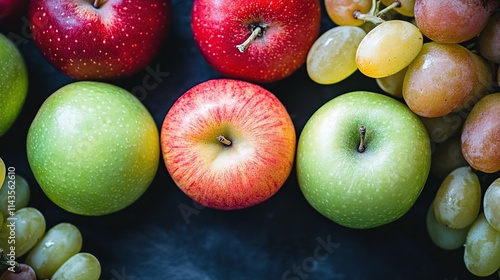 Red and green apples and green grapes on dark background. photo