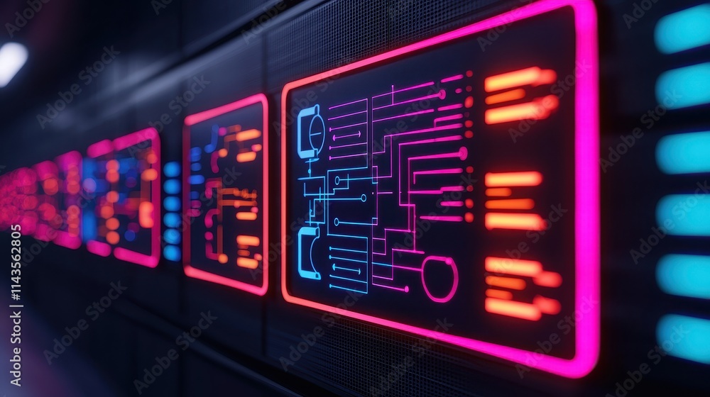 Futuristic Circuit Board Design with Neon Lights and Digital Elements Futuristic Circuit Board Design with Neon Lights and Digital Elements