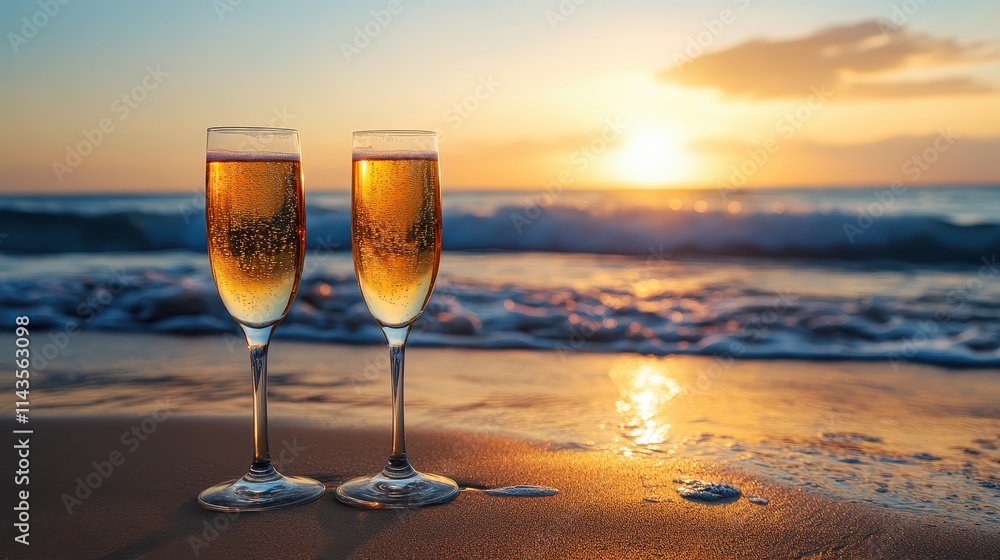 Two champagne flutes stand on a sandy beach with the setting sun casting a golden glow over the ocean waves. Two champagne flutes stand on a sandy beach with the setting sun casting a golden glow over the ocean waves.