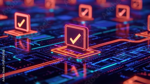 Digital Network with Neon Check Marks on Computer Screens