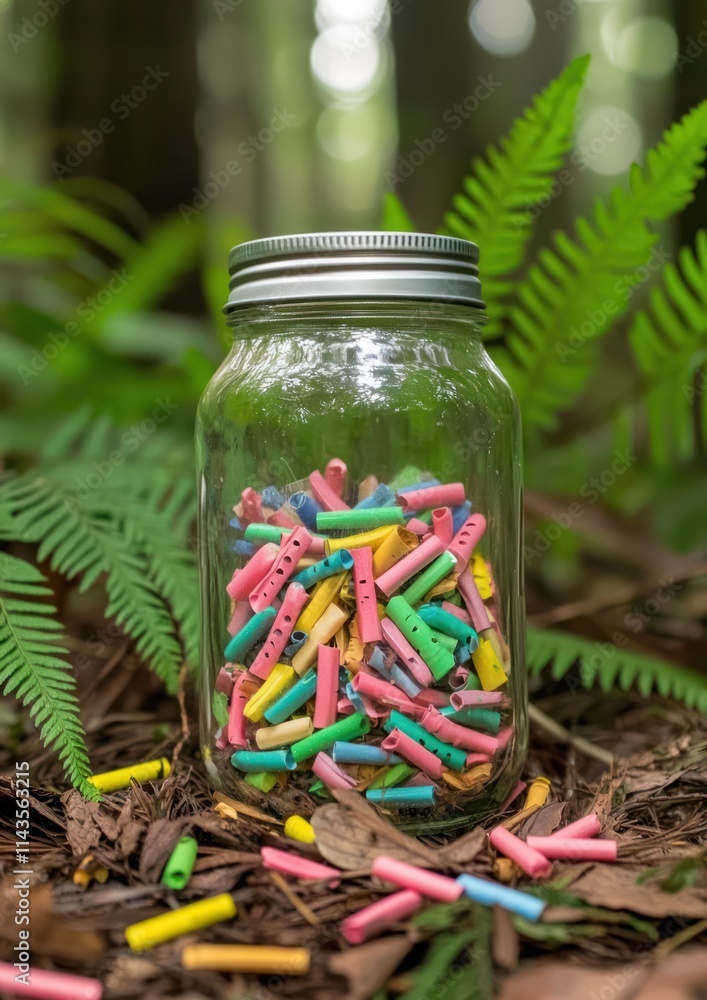 A colorful jar filled with small, vibrant pieces rests on the forest floor, surrounded by lush green ferns and natural foliage. A colorful jar filled with small, vibrant pieces rests on the forest floor, surrounded by lush green ferns and natural foliage.