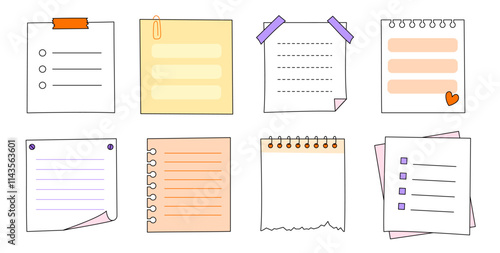 Memo frame note paper line cute planner sheet set. Notebook paper note frame for task list page, to do list sticker sheet. Hand drawn kid sketch line style reminder sticker. Vector illustration.