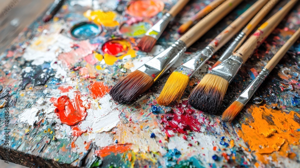 Fototapeta premium A vibrant artist's palette with various paint colors and brushes arranged artistically, showcasing creativity and artistic tools.