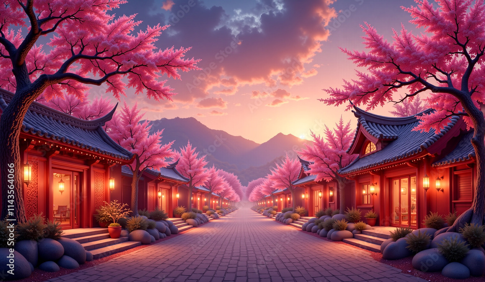 A picturesque Chinese village nestled amidst mountains, bathed in the warm glow of lanterns and a setting sun. Cherry blossoms add a touch of vibrant color to the tranquil scene. A picturesque Chinese village nestled amidst mountains, bathed in the warm glow of lanterns and a setting sun. Cherry blossoms add a touch of vibrant color to the tranquil scene.