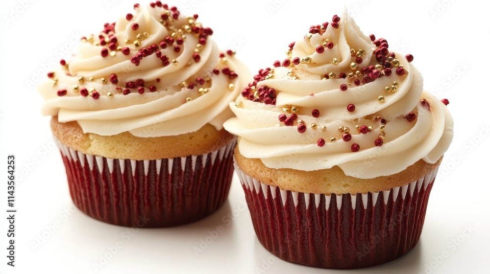 Two cupcakes with creamy white frosting, adorned with red and gold sprinkles. Two cupcakes with creamy white frosting, adorned with red and gold sprinkles.
