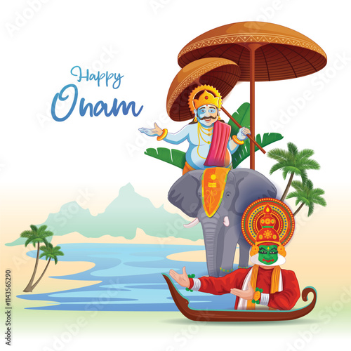 Illustration of King Mahabali, Kathakali dancer in Onam traditional festival background showing the culture of Kerala, South India.  South Indian Kerala festival happy onam greetings background. photo