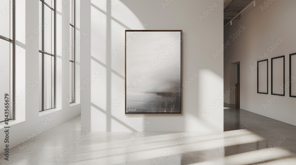 Large wall-mounted frame mockup, centered in an airy space, perfect for grandiose artwork or poster displays Large wall-mounted frame mockup, centered in an airy space, perfect for grandiose artwork or poster displays
