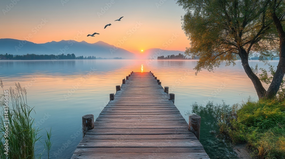 Fototapeta premium Zoom Virtual Background: Serene sunrise over a lake with a wooden pier and flying birds. Sunshine Wallpaper