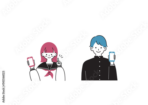 スマホを持つ制服を着た学生の男女