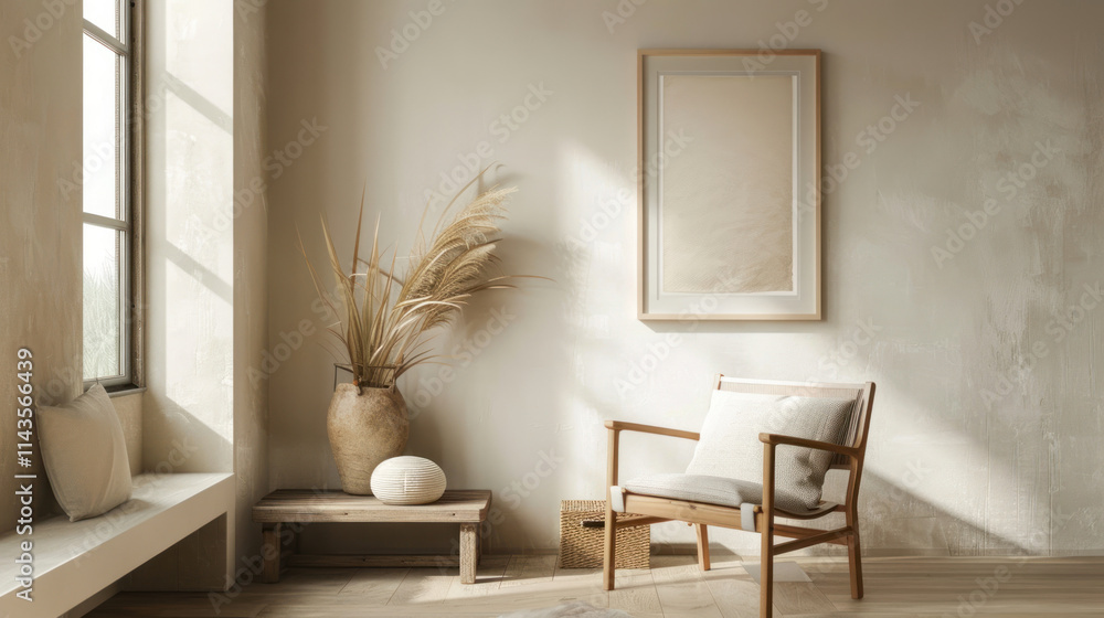Light wooden frame mockup in a Scandinavian space, neutral background with soft light, minimalistic and warm Light wooden frame mockup in a Scandinavian space, neutral background with soft light, minimalistic and warm