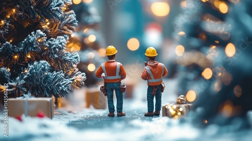 two construction workers are standing on christmas decoration construction