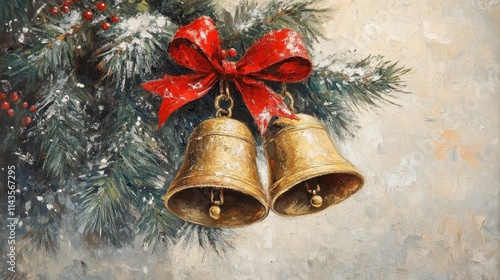 Vintage oil painting of two golden bells with a red bow hanging on a christmas tree branch