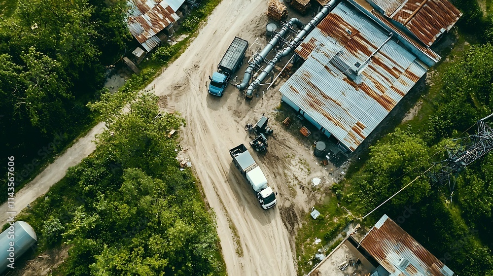 Aerial View of a Large Scale Biogas Plant Facility with Multiple Biodigesters Pipelines and Trucks Delivering Organic Waste for Clean Energy Production Aerial View of a Large Scale Biogas Plant Facility with Multiple Biodigesters Pipelines and Trucks Delivering Organic Waste for Clean Energy Production