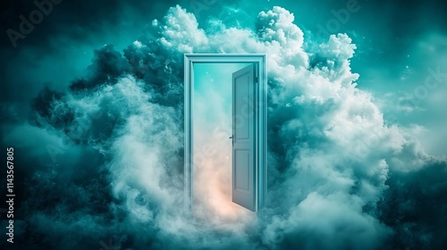 Conceptual and surreal image of a floating open door in the sky with bright light spilling out symbolizing new opportunities beginnings and transformative journeys  The dreamlike photo