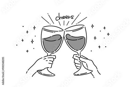 ワインを乾杯している手のイラスト(グレースケール)