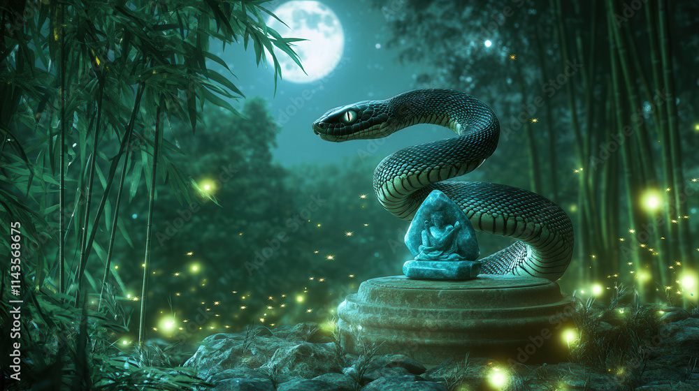 Fototapeta premium Zodiac symbolism enchanted forest digital art mystical atmosphere close-up serpent and statue