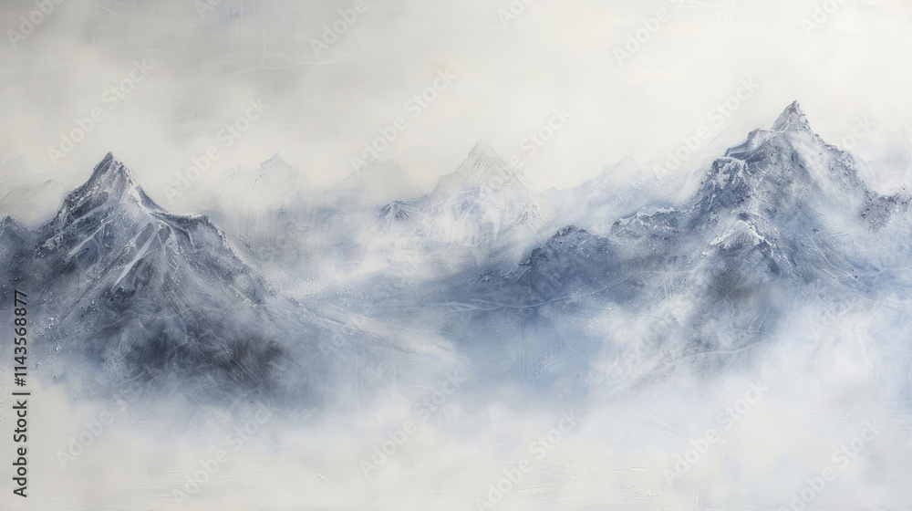 Mountain peaks rising through a misty winter landscape, peaceful and surreal Mountain peaks rising through a misty winter landscape, peaceful and surreal