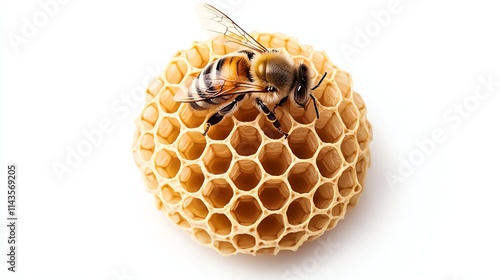 A close-up of a bee resting on a honeycomb, showcasing the intricate hexagonal patterns and the bee's detailed features.