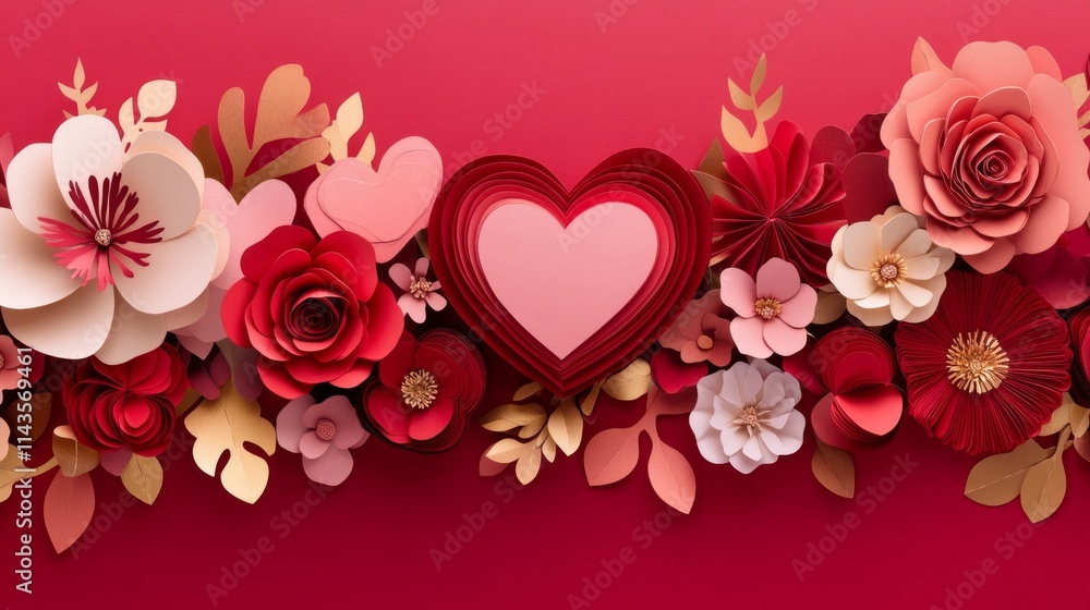 Beautiful Paper Flowers with Heart on Red Background for Love Theme Beautiful Paper Flowers with Heart on Red Background for Love Theme