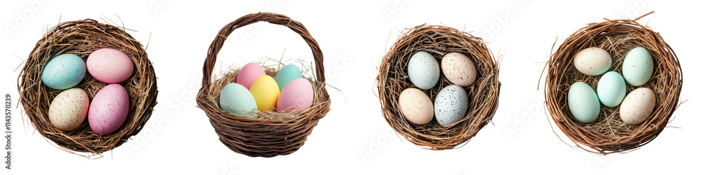 Wicker Baskets with Colorful Easter Eggs in Nests Wicker Baskets with Colorful Easter Eggs in Nests