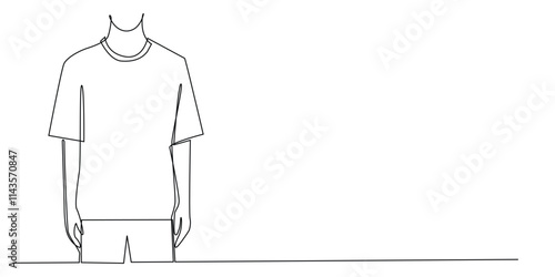 continuous line drawing of men's t-shirt model. one line drawing of a man looking half his body in a T-shirt, advertisement for the sale of men's t-shirts. men's t-shirt shop. single line vector 