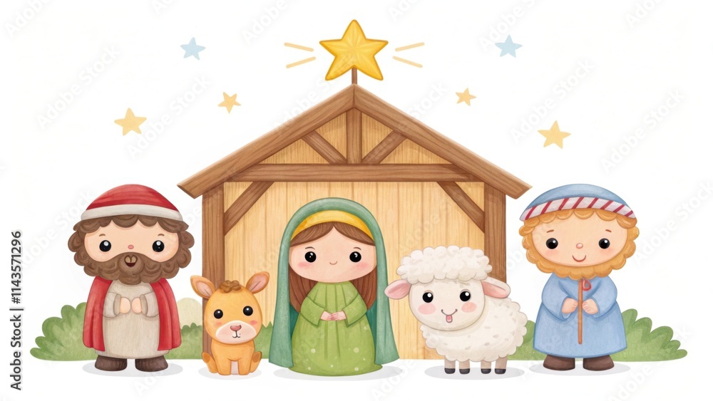 A cheerful nativity scene featuring Mary, Joseph, baby Jesus, and animals, all under a bright star, set in a simple stable. A cheerful nativity scene featuring Mary, Joseph, baby Jesus, and animals, all under a bright star, set in a simple stable.