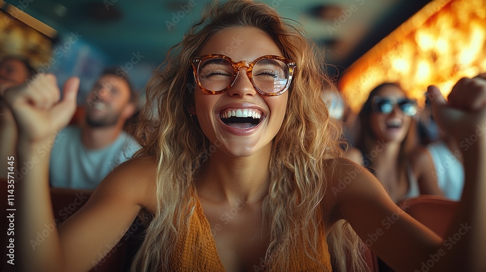 A joyful woman in glasses expressing excitement in a cinema setting. A joyful woman in glasses expressing excitement in a cinema setting.