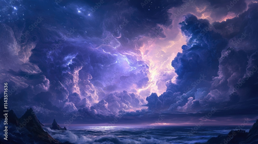Fototapeta premium A dramatic seascape with vibrant clouds and a starry sky, evoking a sense of wonder.