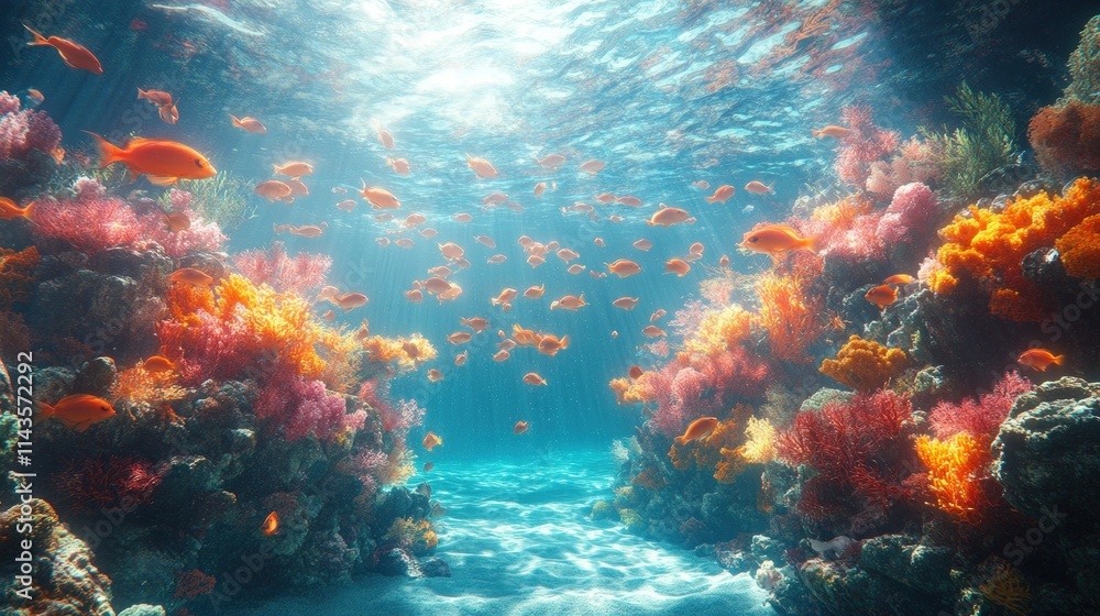 Naklejka premium Sunlit coral reef with orange fish.