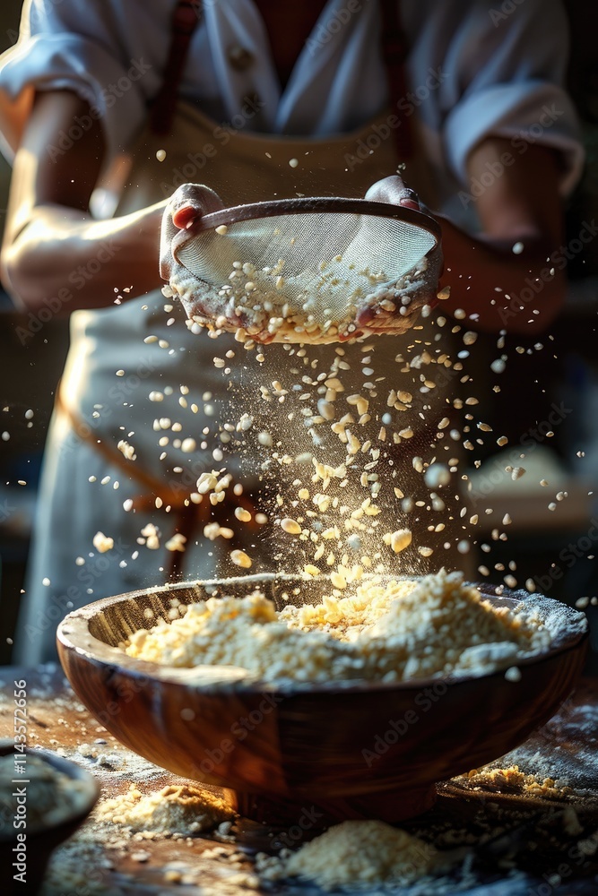 Person Sifting Grain Into Wooden Bowl on Table, Kitchen Setting Person Sifting Grain Into Wooden Bowl on Table, Kitchen Setting