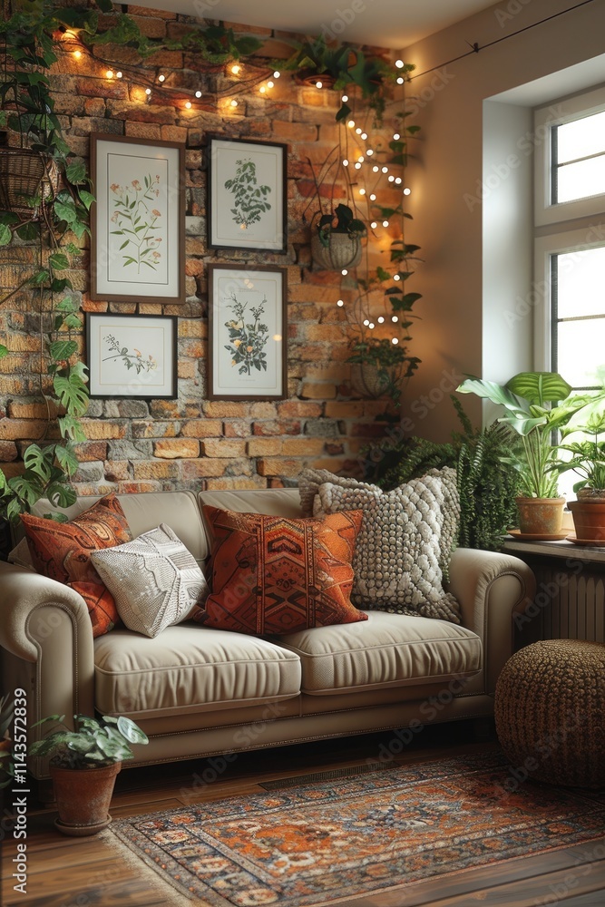 Couch with Pillows in Rustic Brick Room with String Lights and Plants Couch with Pillows in Rustic Brick Room with String Lights and Plants