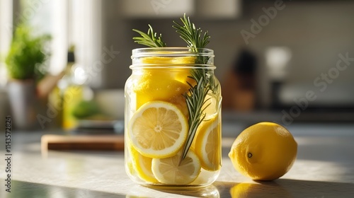 Homemade Lemon and Rosemary Infused Water in Mason Jar photo