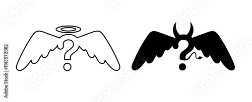 Question mark with attributes of angel and demon. Symbol of unknown and uncertainty between good and evil. Spiritual understanding of problems.