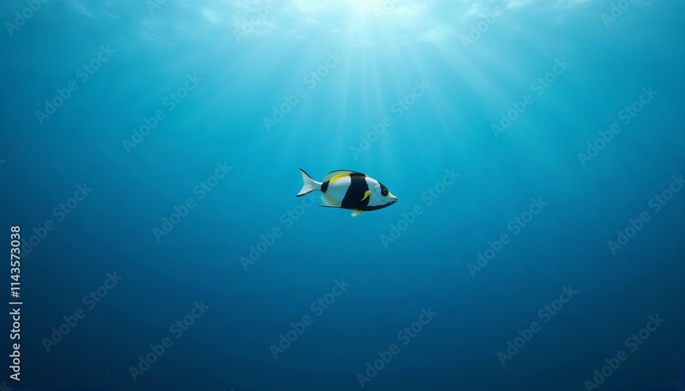 Fototapeta premium Moorish idol fish swimming in open ocean under sunlight rays