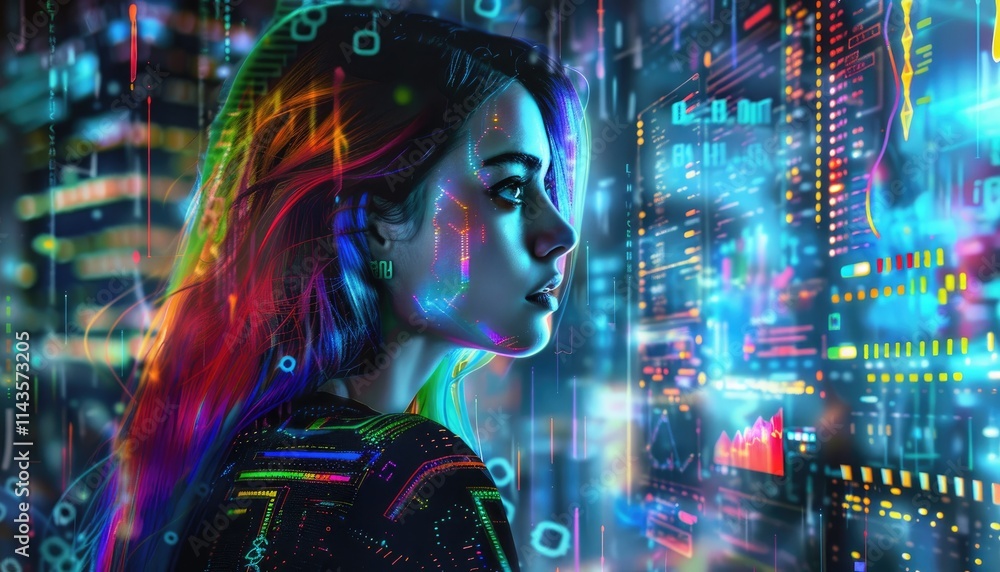 Woman Observes Digital Interface with Colorful Data in Futuristic Setting Woman Observes Digital Interface with Colorful Data in Futuristic Setting