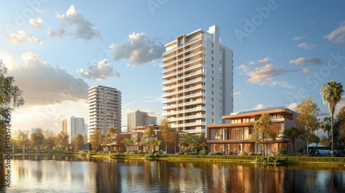 Fototapeta Naklejka Na Ścianę i Meble -  Modern apartment building with a lake in front and lush foliage. AI generative. .