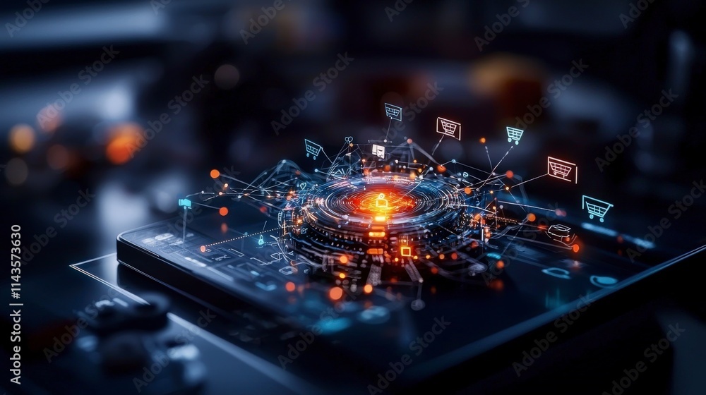 Fototapeta premium Ecommerce integration in a futuristic virtual space bird's eye view concept art of digital framework technology