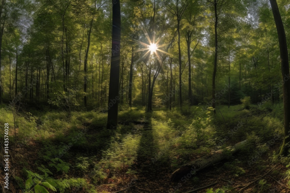 Fototapeta premium Sunlight filters through lush green trees in a dense forest. AI generative. .