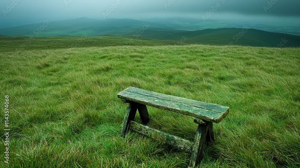 A solitary wooden bench rests on a lush green hillside, surrounded by a misty landscape and rolling hills under a cloudy sky. A solitary wooden bench rests on a lush green hillside, surrounded by a misty landscape and rolling hills under a cloudy sky.