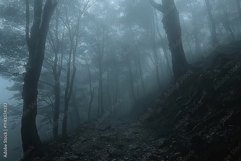 A dark, foggy forest with tall trees and a rocky path. AI generative. . A dark, foggy forest with tall trees and a rocky path. AI generative. .