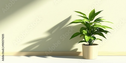 Wallpaper Mural A green potted plant casts a soft shadow on a light wall, creating a calming, natural ambiance in a well-lit room. Torontodigital.ca