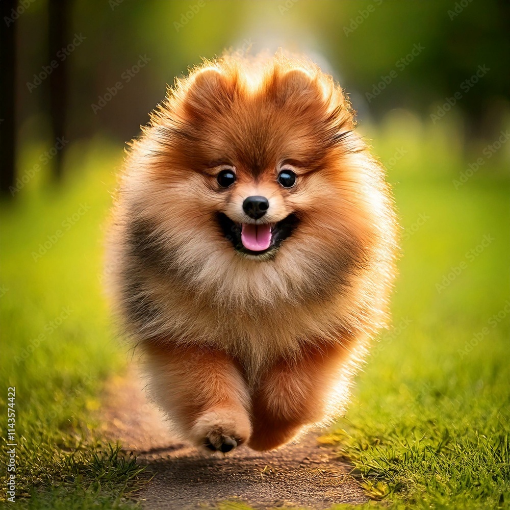 A happy brown Pomeranian, tongue out, joyfully races through the green park on a sunny day, the light catching its beautiful fur—an unforgettable moment for any dog owner to cherish. A happy brown Pomeranian, tongue out, joyfully races through the green park on a sunny day, the light catching its beautiful fur—an unforgettable moment for any dog owner to cherish.
